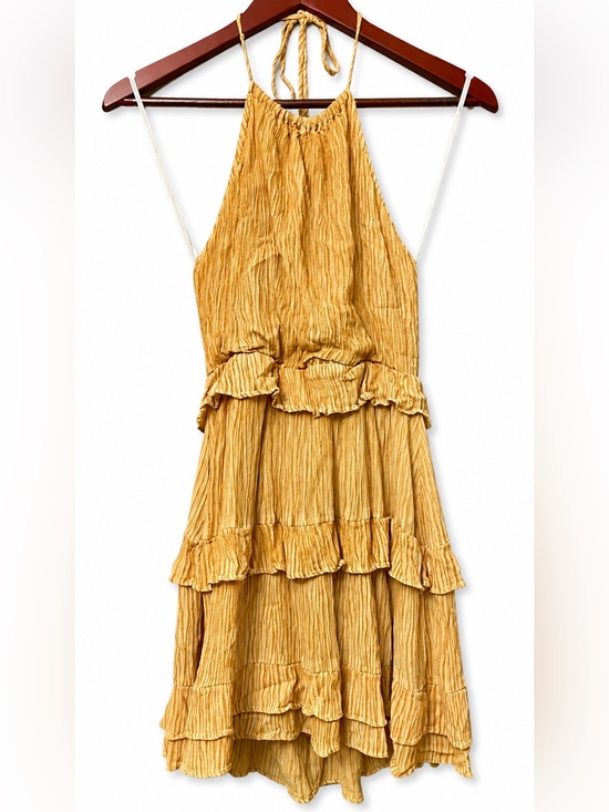 Lulus Dresses & Skirts - Lulus Mustard Yellow Crinkle Halter Ruffle Mini Dress | Open Back | Size S